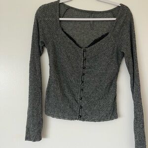 Anthropologie Charcoal Button-Down Ribbed Top